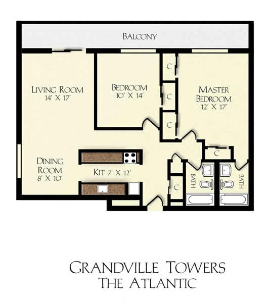 Floor plan for 2 beds, 2 baths, 1035 sqft